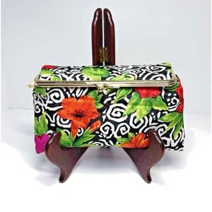 Oscar De La Renta Fold Over Clutch Snap Mirror Hibiscus Flora Print 7" X 5